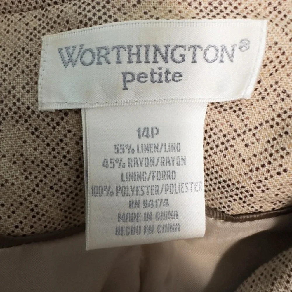Worthington Linen Blend Blazer Jacket Women Size 14P Tan Snakeskin Lined Neutral